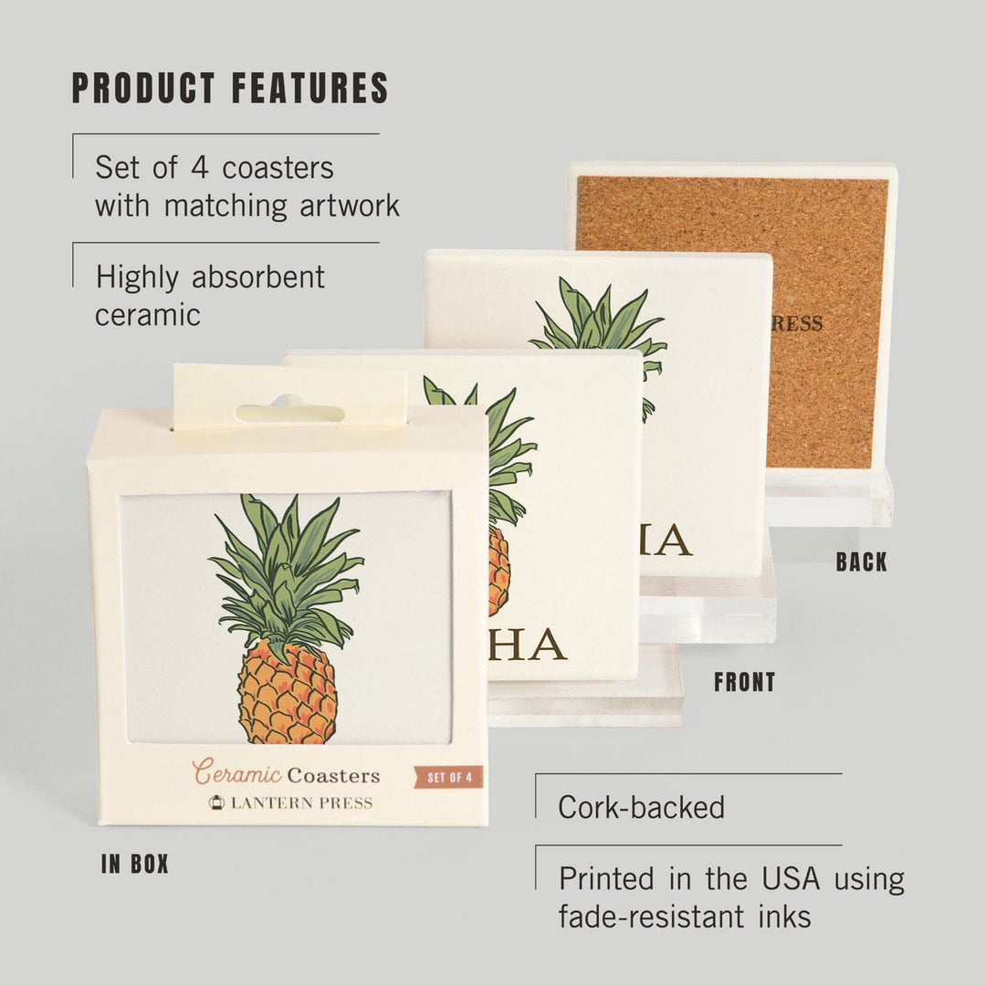 Aloha, Pineapple, Icon, Lantern Press Artwork, Coaster Set Coasters Lantern Press 