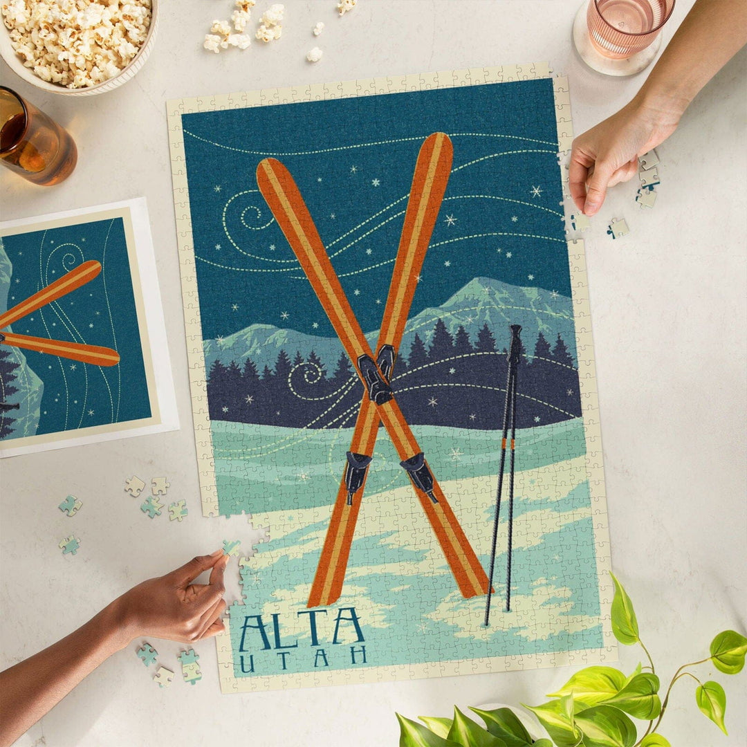 Alta, Utah, Crossed Skis, Letterpress, Jigsaw Puzzle Puzzle Lantern Press 