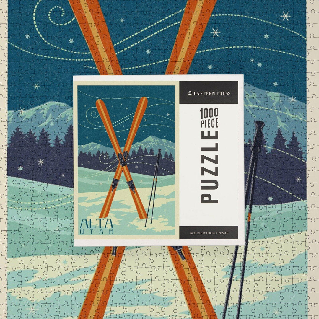 Alta, Utah, Crossed Skis, Letterpress, Jigsaw Puzzle Puzzle Lantern Press 