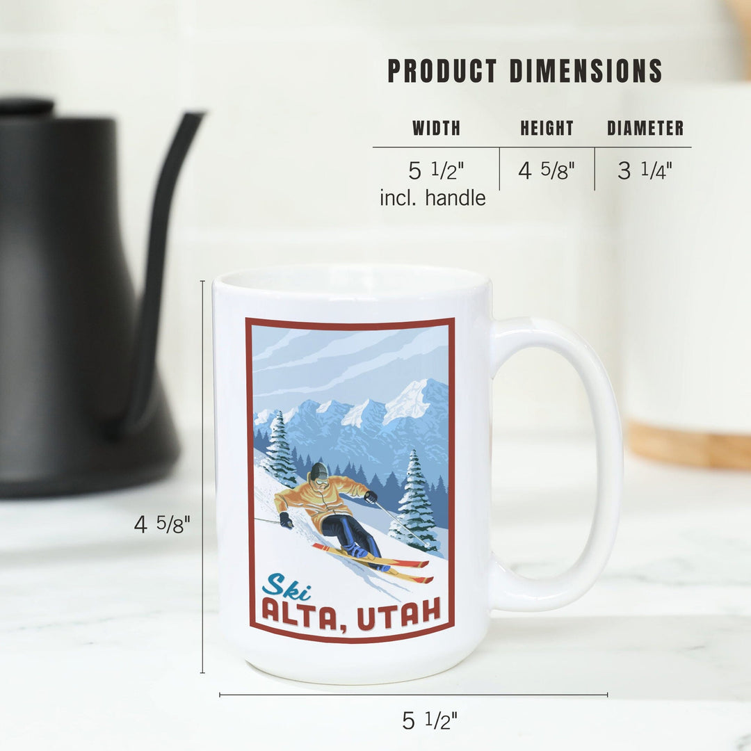 Alta, Utah, Ski Alta, Downhill Skier, Lantern Press Artwork, Ceramic Mug Mugs Lantern Press 