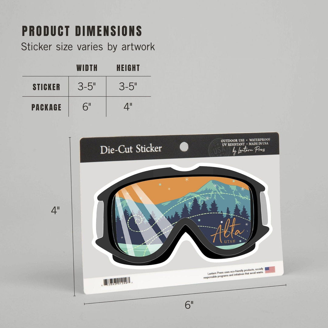 Alta, Utah, Ski Goggles, Contour, Lantern Press Artwork, Vinyl Sticker Sticker Lantern Press 