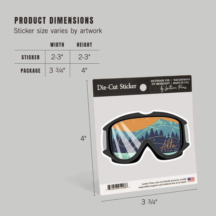 Alta, Utah, Ski Goggles, Contour, Lantern Press Artwork, Vinyl Sticker Sticker Lantern Press 