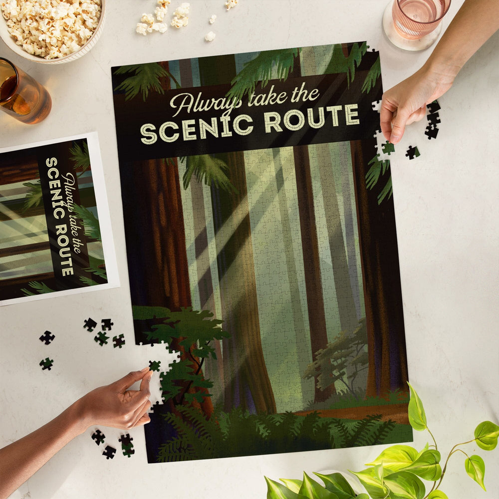 Always Take the Scenic Route, Forest, Geometric Lithograph, Jigsaw Puzzle Puzzle Lantern Press 
