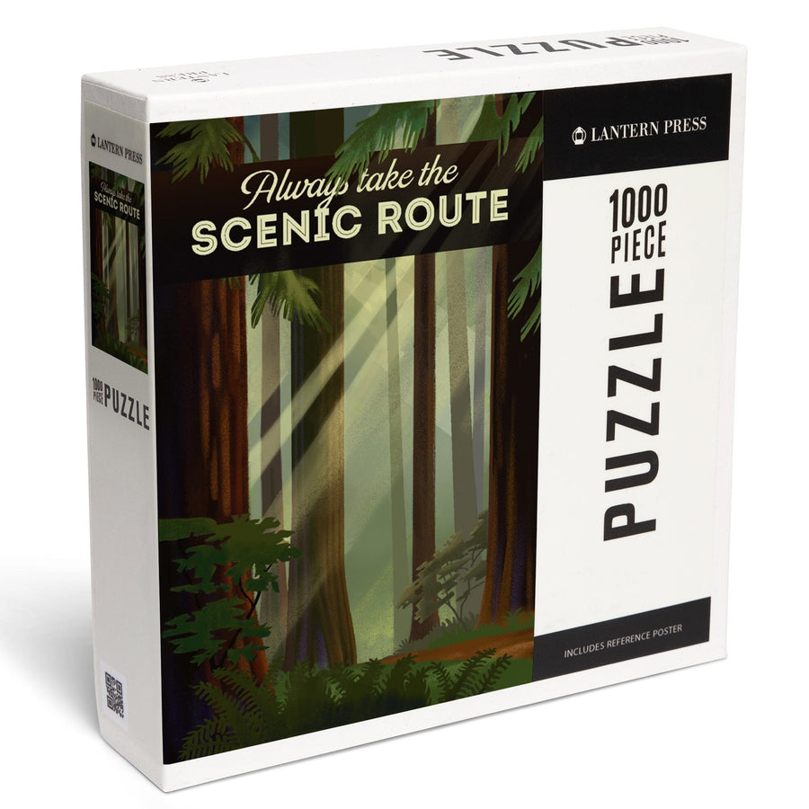 Always Take the Scenic Route, Forest, Geometric Lithograph, Jigsaw Puzzle Puzzle Lantern Press 