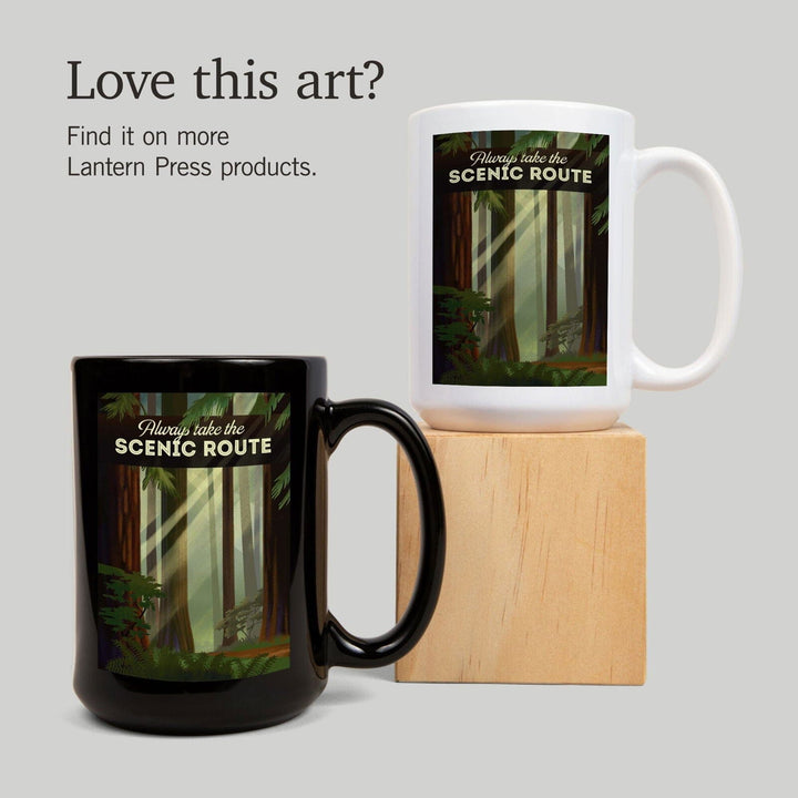 Always Take the Scenic Route, Forest, Geometric Lithograph, Lantern Press Artwork, Ceramic Mug Mugs Lantern Press 