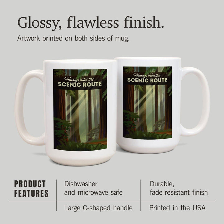 Always Take the Scenic Route, Forest, Geometric Lithograph, Lantern Press Artwork, Ceramic Mug Mugs Lantern Press 