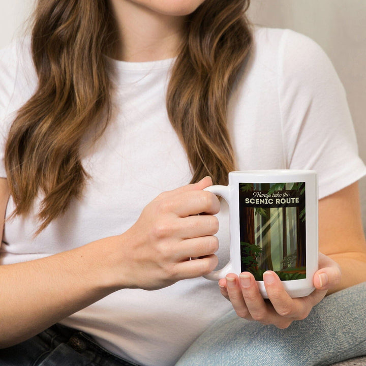 Always Take the Scenic Route, Forest, Geometric Lithograph, Lantern Press Artwork, Ceramic Mug Mugs Lantern Press 