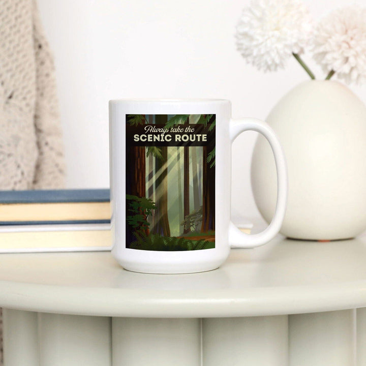 Always Take the Scenic Route, Forest, Geometric Lithograph, Lantern Press Artwork, Ceramic Mug Mugs Lantern Press 