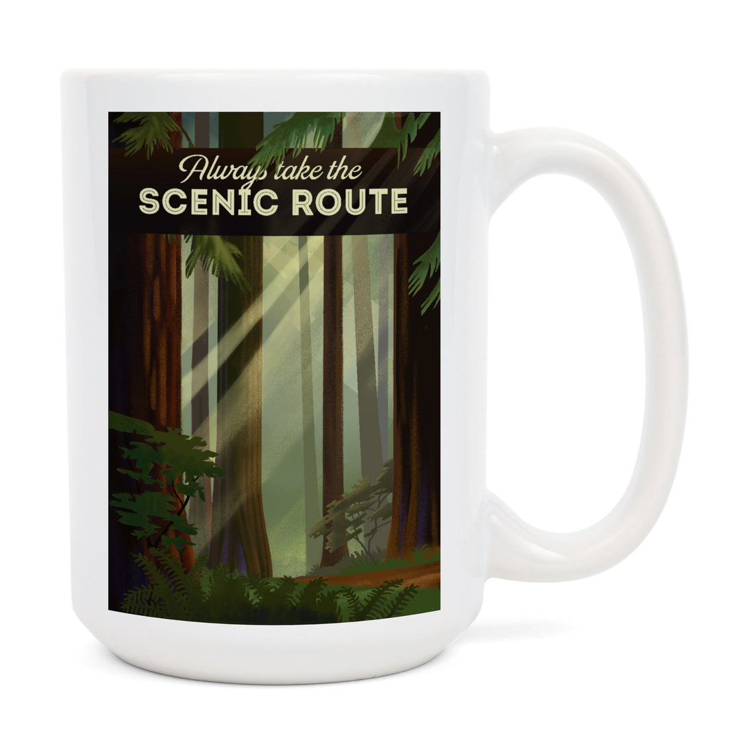 Always Take the Scenic Route, Forest, Geometric Lithograph, Lantern Press Artwork, Ceramic Mug Mugs Lantern Press 