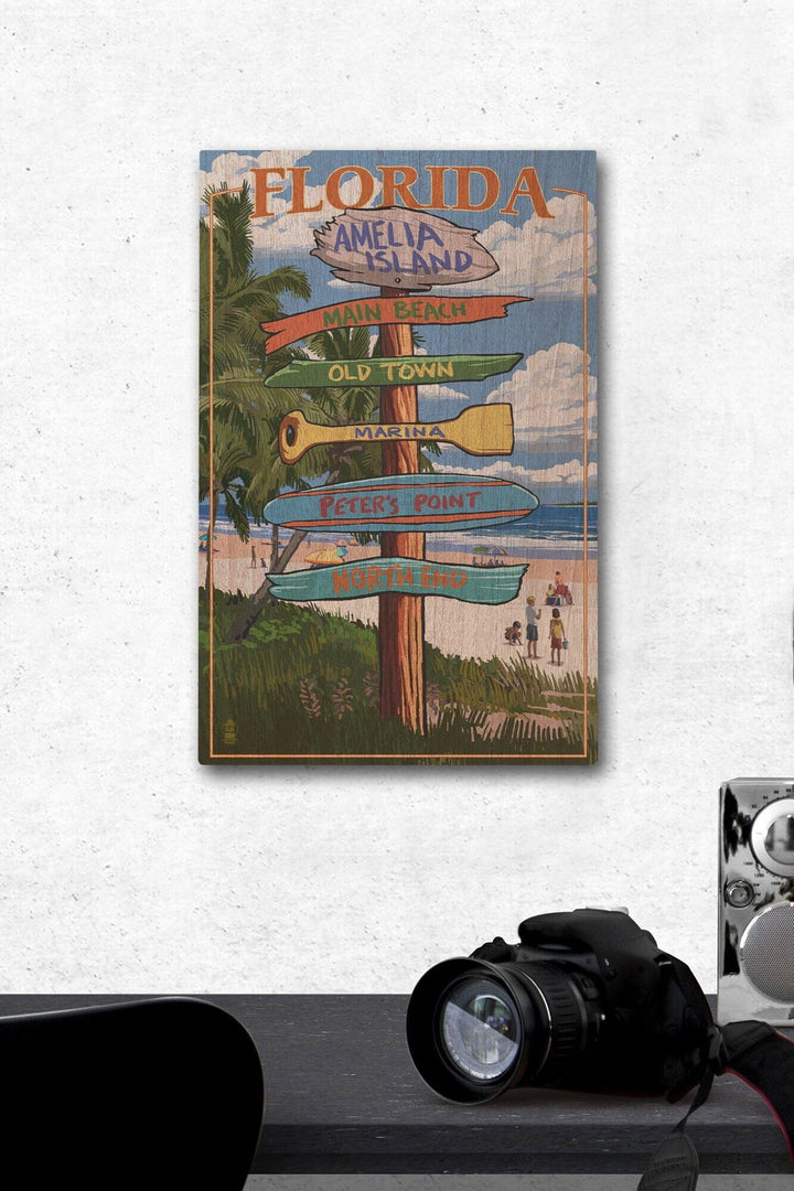 Amelia Island, Florida, Destinations Signpost, Lantern Press Poster, Wood Signs and Postcards Wood Lantern Press 12 x 18 Wood Gallery Print 