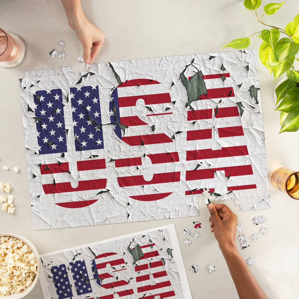 American Flag, USA, Typography, Jigsaw Puzzle Puzzle Lantern Press 