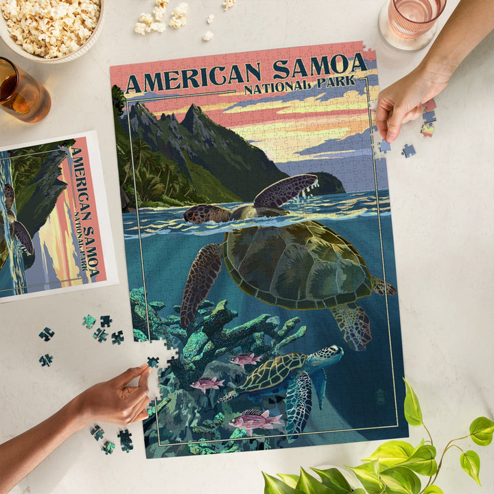 American Samoa National Park, American Samoa, Sea Turtles and Sunset, Painterly Series, Jigsaw Puzzle Puzzle Lantern Press 