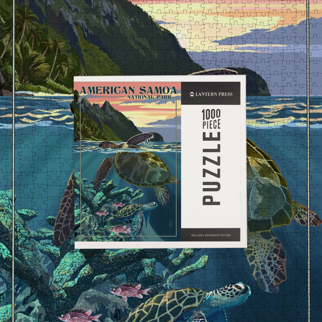 American Samoa National Park, American Samoa, Sea Turtles and Sunset, Painterly Series, Jigsaw Puzzle Puzzle Lantern Press 