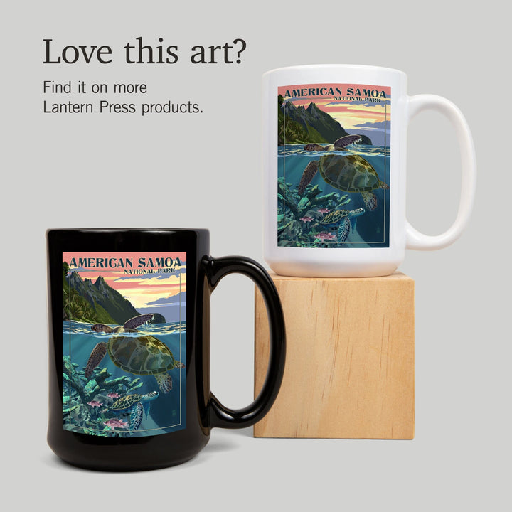 American Samoa National Park, American Samoa, Sea Turtles & Sunset, Painterly Series, Lantern Press Artwork, Ceramic Mug Mugs Lantern Press 