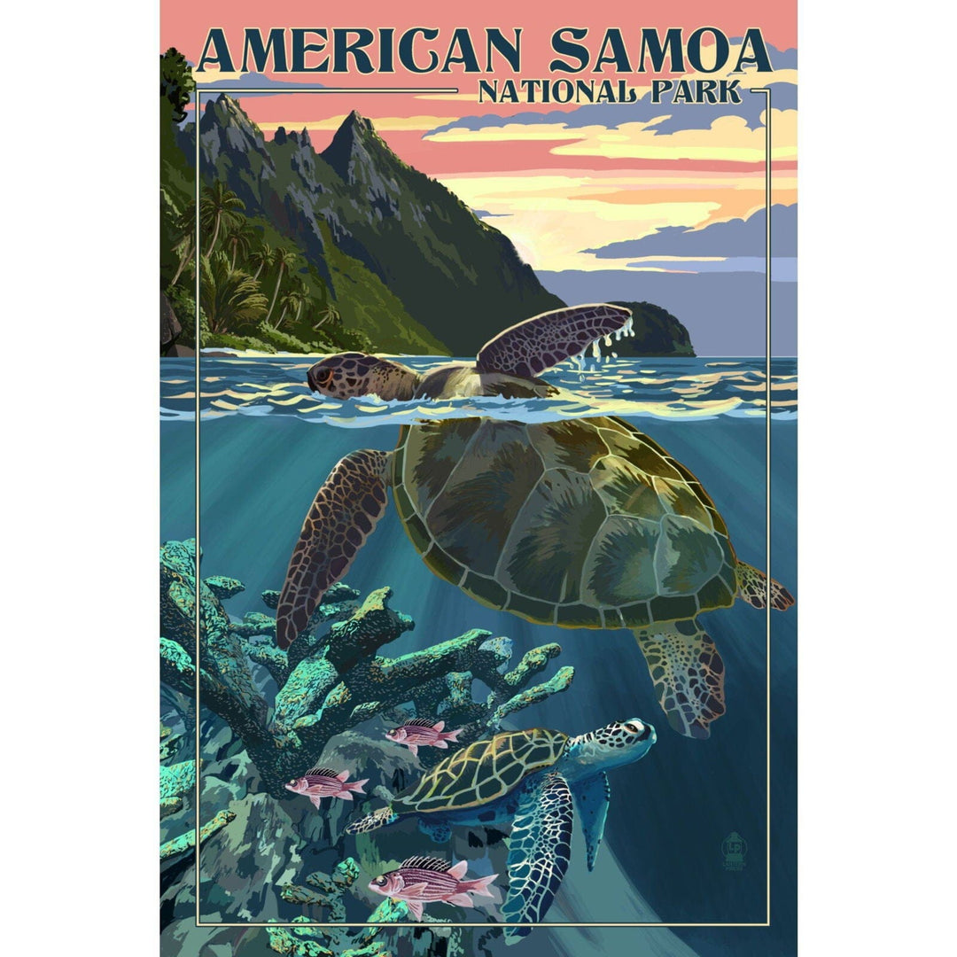 American Samoa National Park, American Samoa, Sea Turtles & Sunset, Painterly Series, Lantern Press Artwork, Stretched Canvas Canvas Lantern Press 