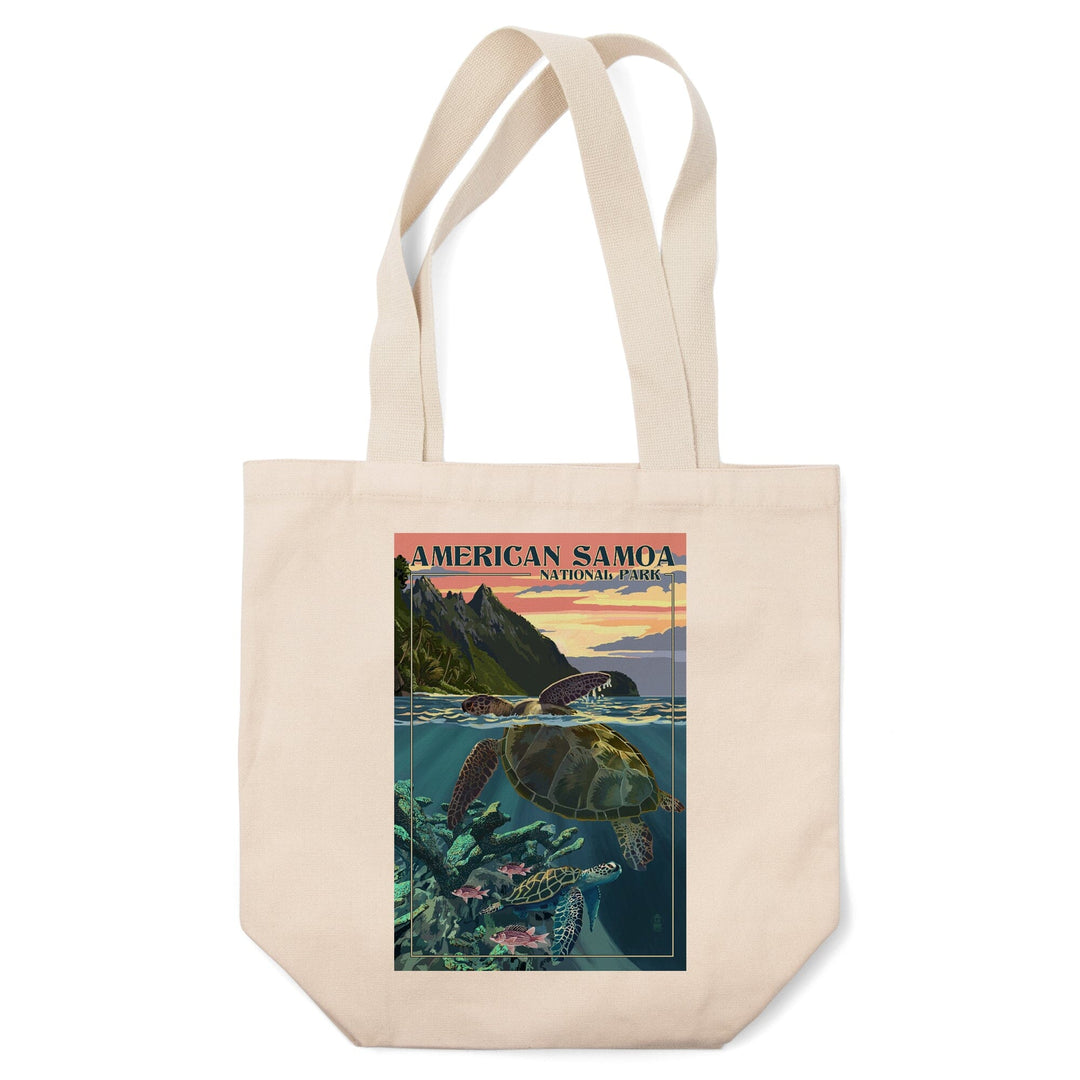 American Samoa National Park, American Samoa, Sea Turtles & Sunset, Painterly Series, Lantern Press Artwork, Tote Bag Totes Lantern Press 