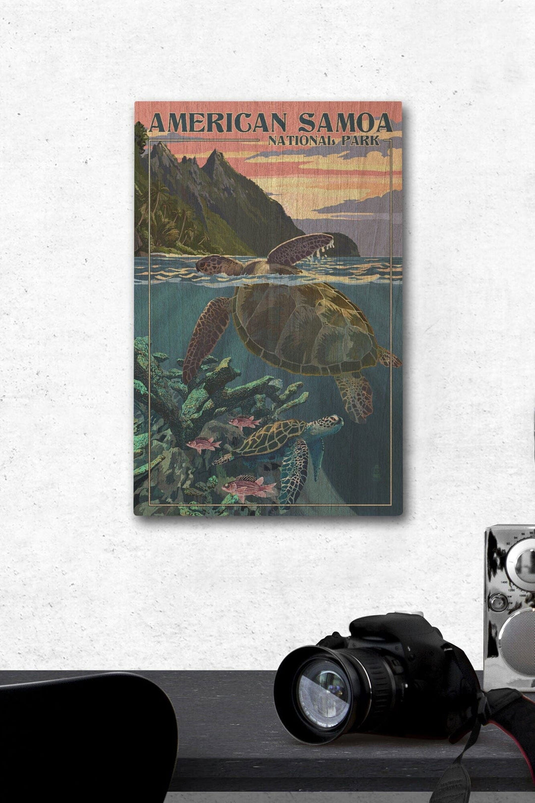 American Samoa National Park, American Samoa, Sea Turtles & Sunset, Painterly Series, Lantern Press Artwork, Wood Signs and Postcards Wood Lantern Press 12 x 18 Wood Gallery Print 