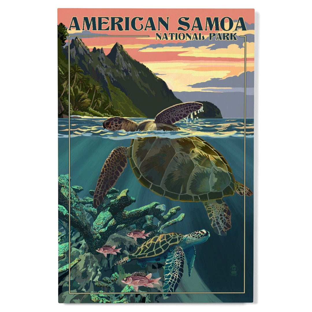 American Samoa National Park, American Samoa, Sea Turtles & Sunset, Painterly Series, Lantern Press Artwork, Wood Signs and Postcards Wood Lantern Press 