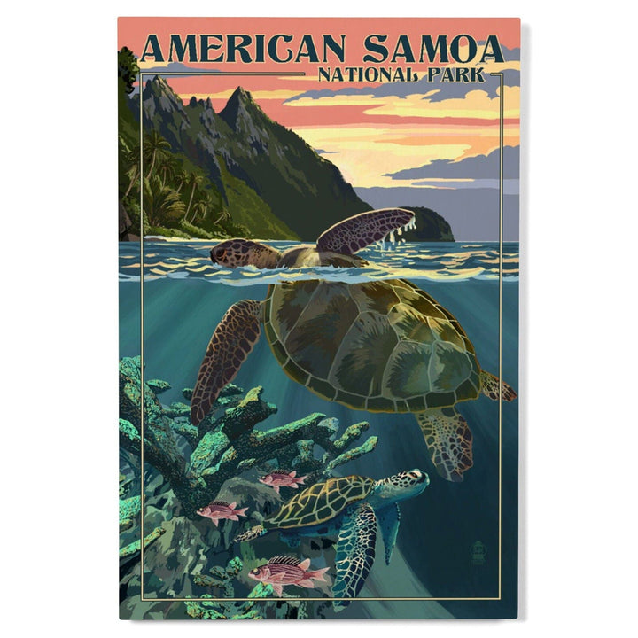 American Samoa National Park, American Samoa, Sea Turtles & Sunset, Painterly Series, Lantern Press Artwork, Wood Signs and Postcards Wood Lantern Press 