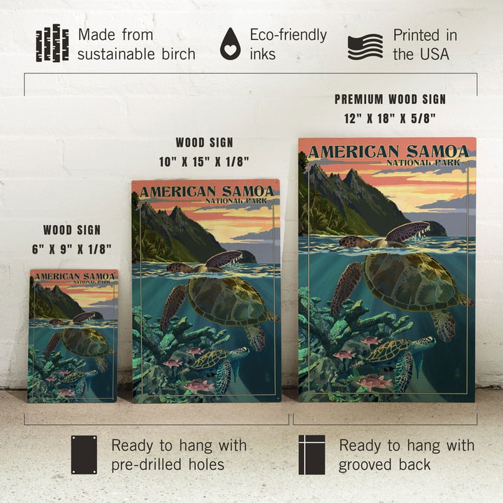 American Samoa National Park, American Samoa, Sea Turtles & Sunset, Painterly Series, Lantern Press Artwork, Wood Signs and Postcards Wood Lantern Press 