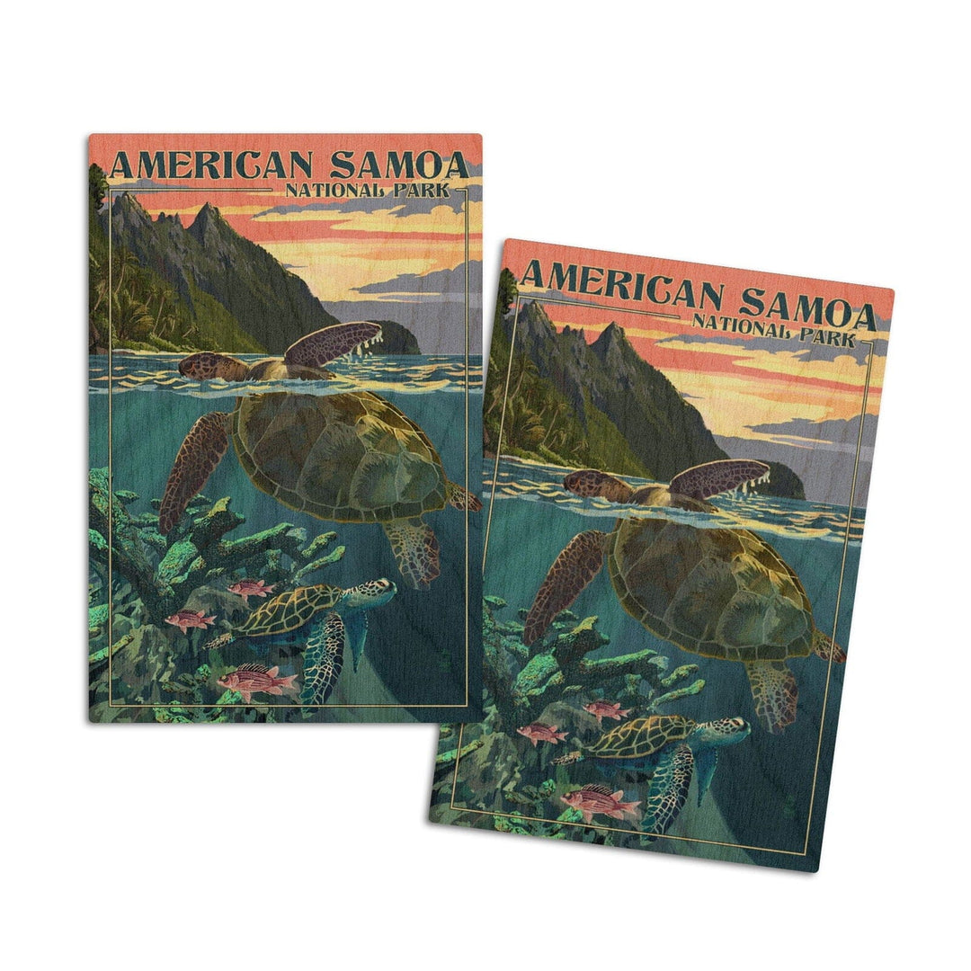 American Samoa National Park, American Samoa, Sea Turtles & Sunset, Painterly Series, Lantern Press Artwork, Wood Signs and Postcards Wood Lantern Press 4x6 Wood Postcard Set 