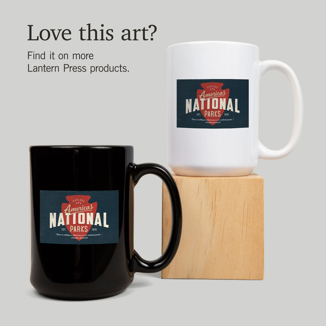 America's National Parks, Distressed Typography, Red Arrowhead, Ceramic Mug Mugs Lantern Press 