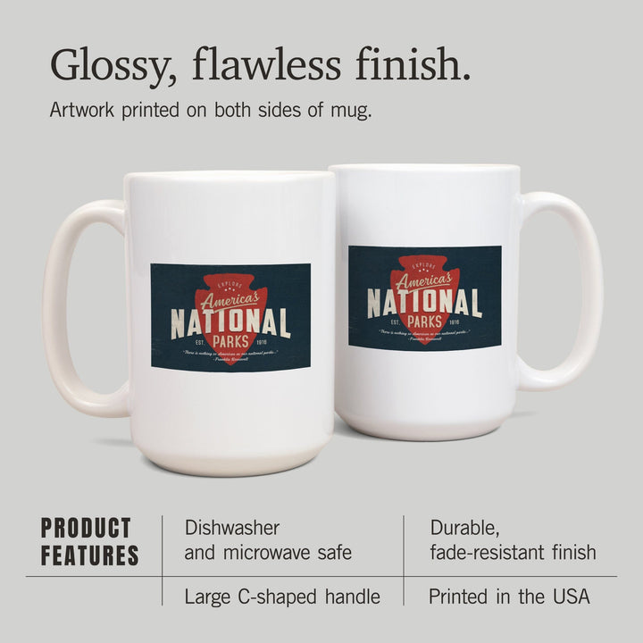 America's National Parks, Distressed Typography, Red Arrowhead, Ceramic Mug Mugs Lantern Press 