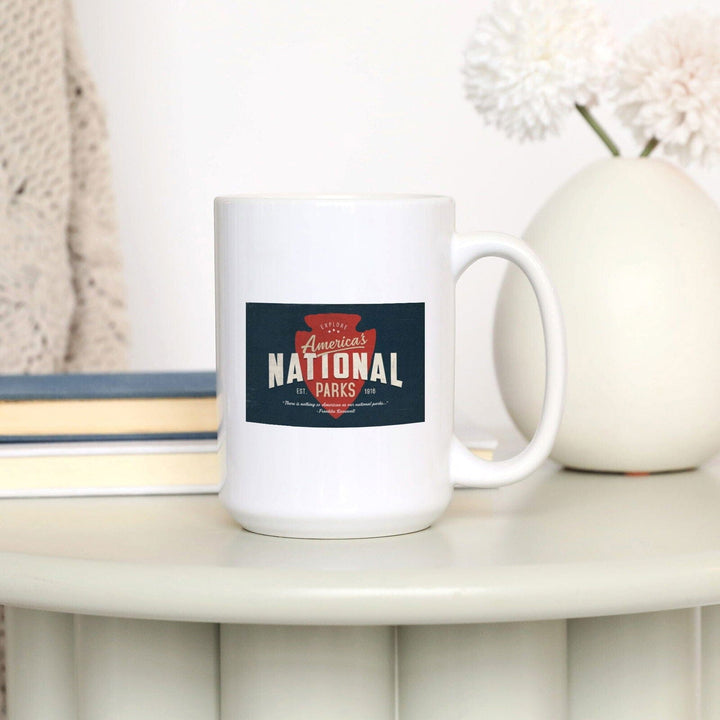 America's National Parks, Distressed Typography, Red Arrowhead, Ceramic Mug Mugs Lantern Press 