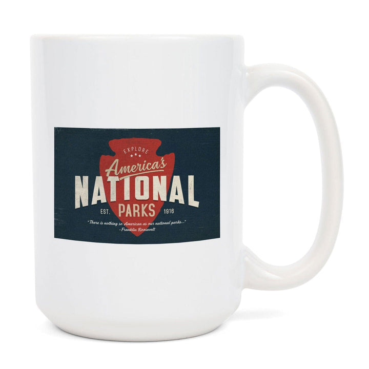 America's National Parks, Distressed Typography, Red Arrowhead, Ceramic Mug Mugs Lantern Press 