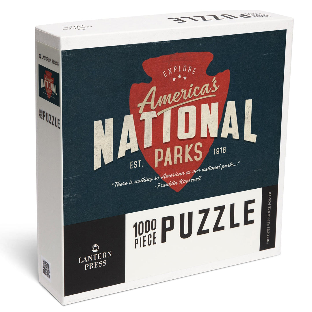America's National Parks, Distressed Typography, Red Arrowhead, Jigsaw Puzzle Puzzle Lantern Press 
