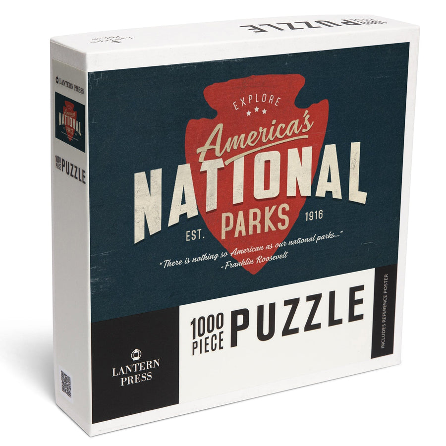 America's National Parks, Distressed Typography, Red Arrowhead, Jigsaw Puzzle Puzzle Lantern Press 