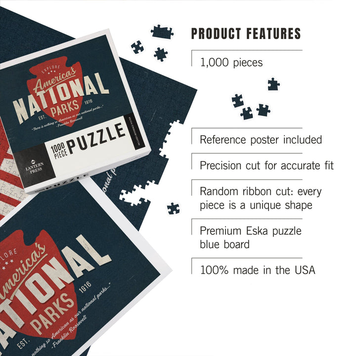 America's National Parks, Distressed Typography, Red Arrowhead, Jigsaw Puzzle Puzzle Lantern Press 