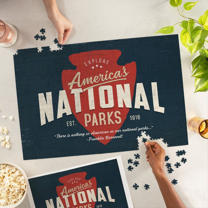 America's National Parks, Distressed Typography, Red Arrowhead, Jigsaw Puzzle Puzzle Lantern Press 