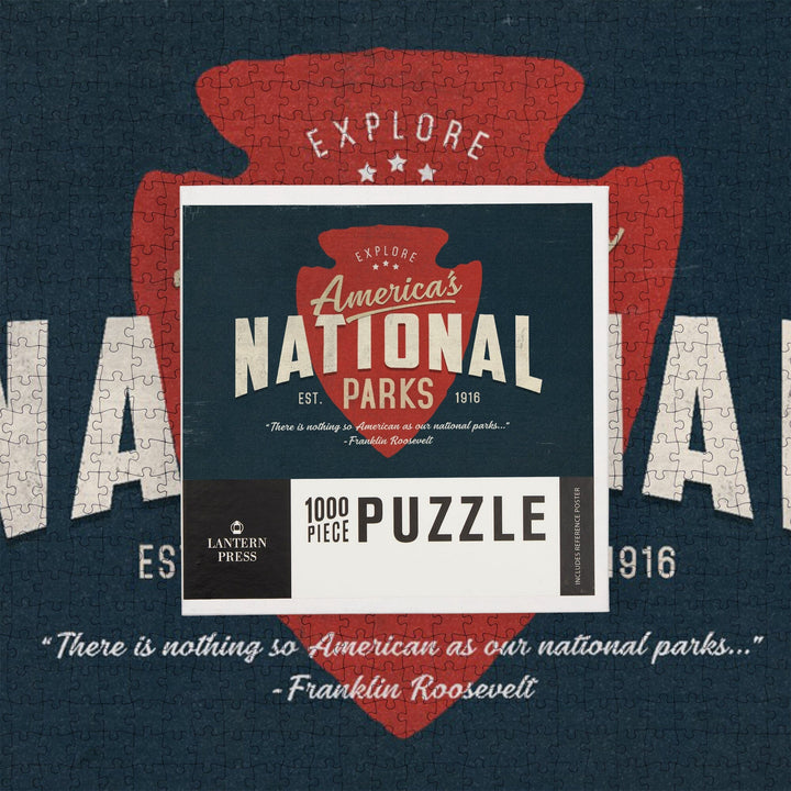 America's National Parks, Distressed Typography, Red Arrowhead, Jigsaw Puzzle Puzzle Lantern Press 