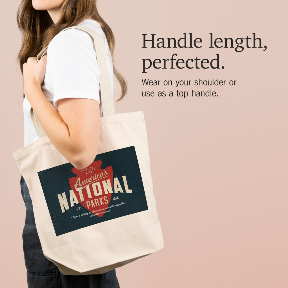 America's National Parks, Distressed Typography, Red Arrowhead, Tote Bag Totes Lantern Press 