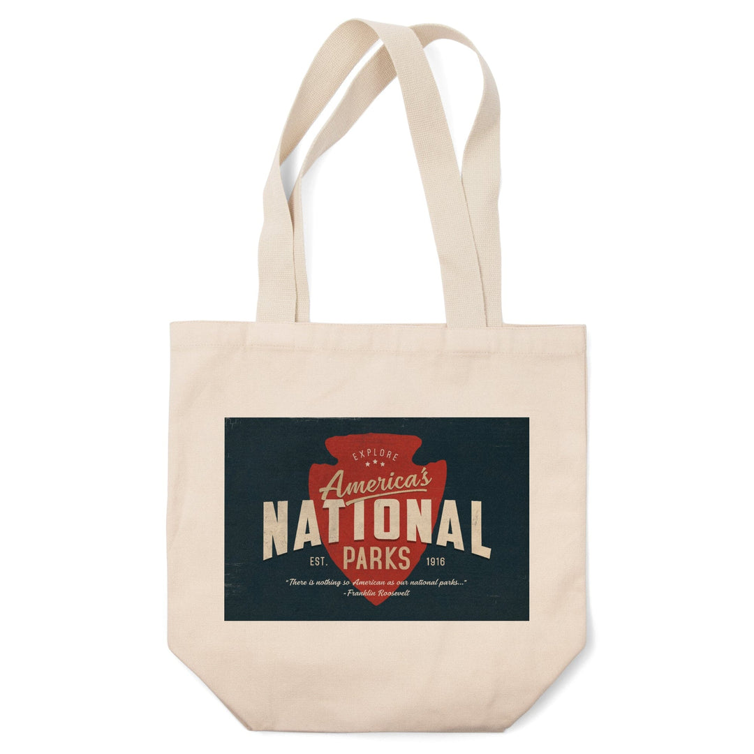 America's National Parks, Distressed Typography, Red Arrowhead, Tote Bag Totes Lantern Press 