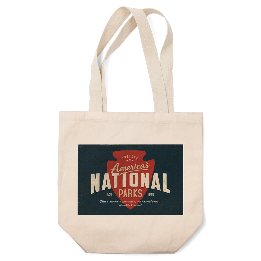 America's National Parks, Distressed Typography, Red Arrowhead, Tote Bag Totes Lantern Press 