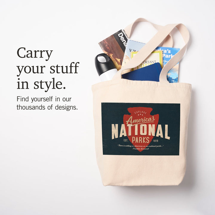 America's National Parks, Distressed Typography, Red Arrowhead, Tote Bag Totes Lantern Press 