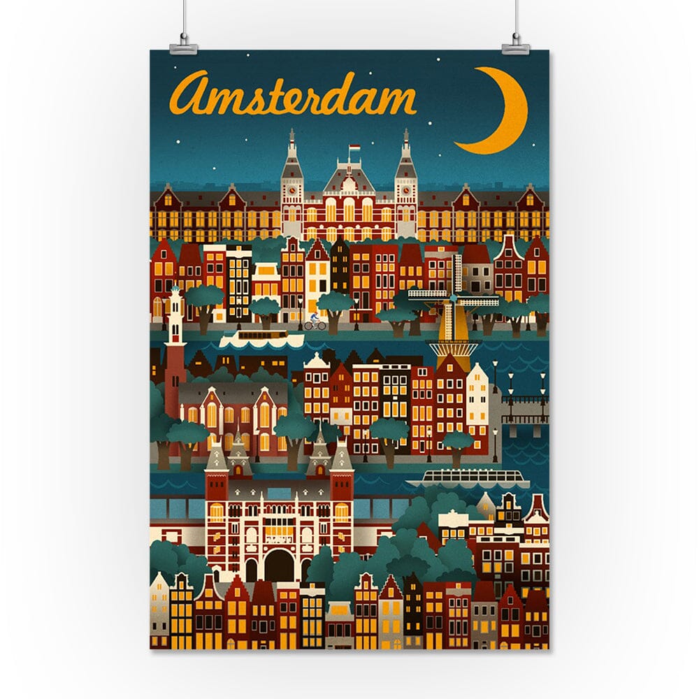 Amsterdam, Retro Skyline, Art & Giclee Prints Art Lantern Press 24 x 36 Giclee Print 