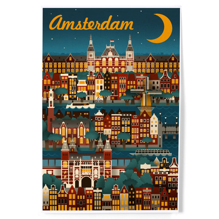 Amsterdam, Retro Skyline, Art & Giclee Prints Art Lantern Press 8 x 12 Art Print 