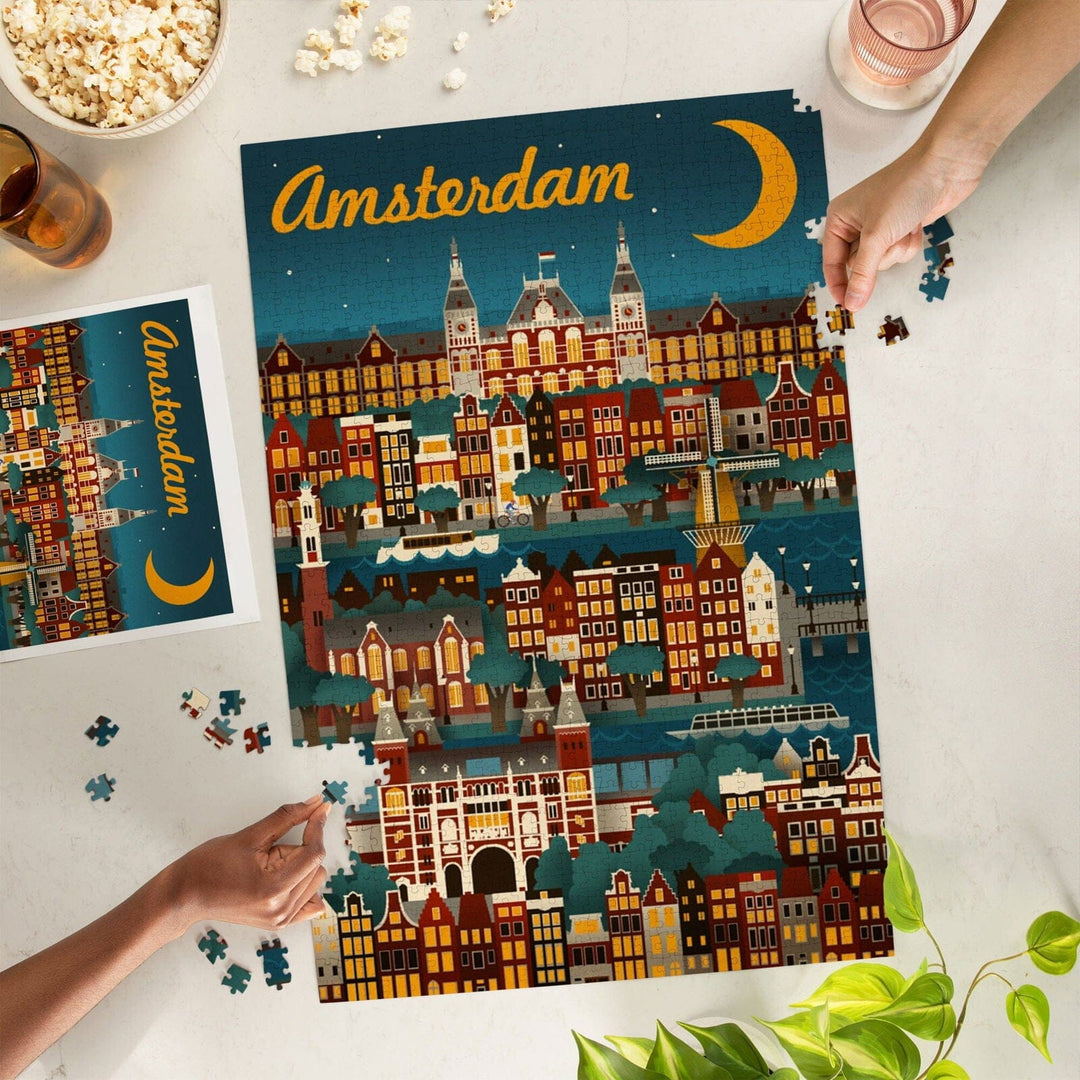 Amsterdam, Retro Skyline, Jigsaw Puzzle Puzzle Lantern Press 