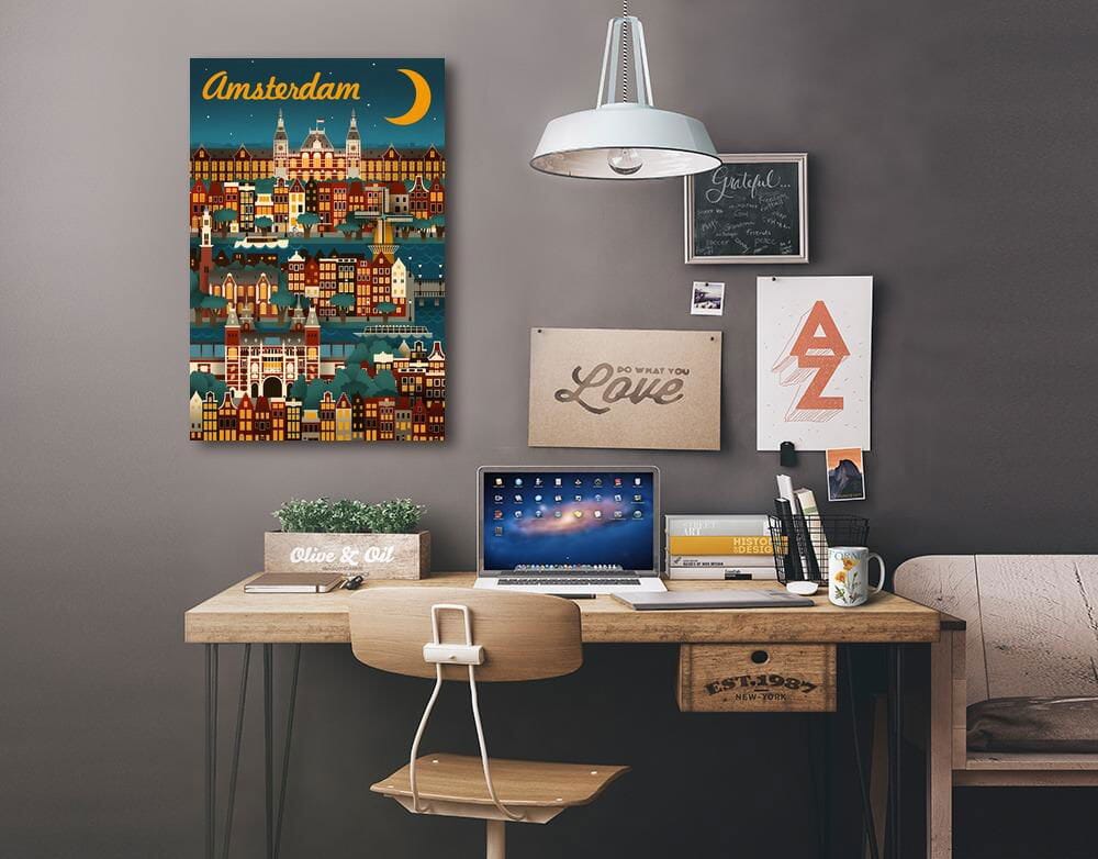 Amsterdam, Retro Skyline, Lantern Press Artwork Canvas Lantern Press 