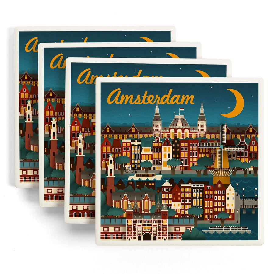 Amsterdam, Retro Skyline, Lantern Press Artwork, Coaster Set Coasters Lantern Press 