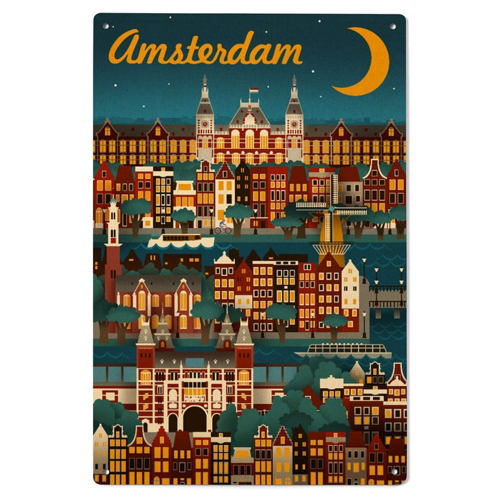 Amsterdam, Retro Skyline, Lantern Press Artwork, Wood Signs and Postcards Wood Lantern Press 