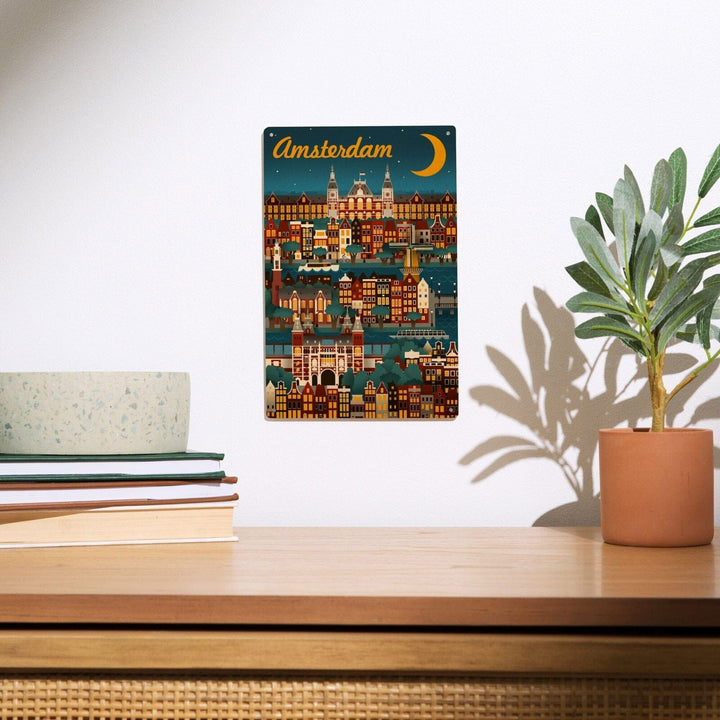 Amsterdam, Retro Skyline, Lantern Press Artwork, Wood Signs and Postcards Wood Lantern Press 