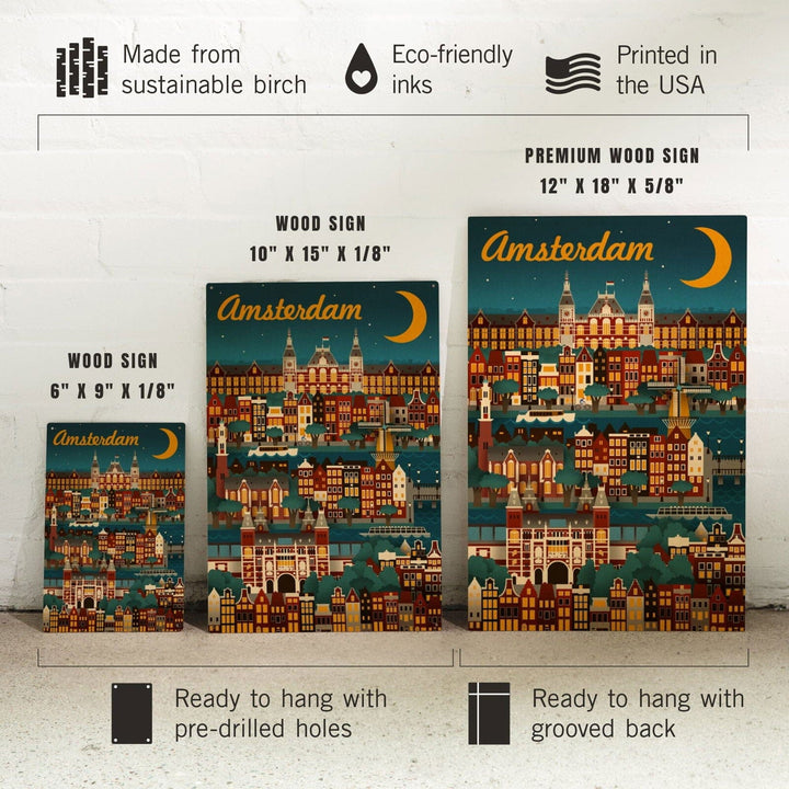 Amsterdam, Retro Skyline, Lantern Press Artwork, Wood Signs and Postcards Wood Lantern Press 