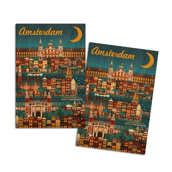 Amsterdam, Retro Skyline, Lantern Press Artwork, Wood Signs and Postcards Wood Lantern Press 4x6 Wood Postcard Set 