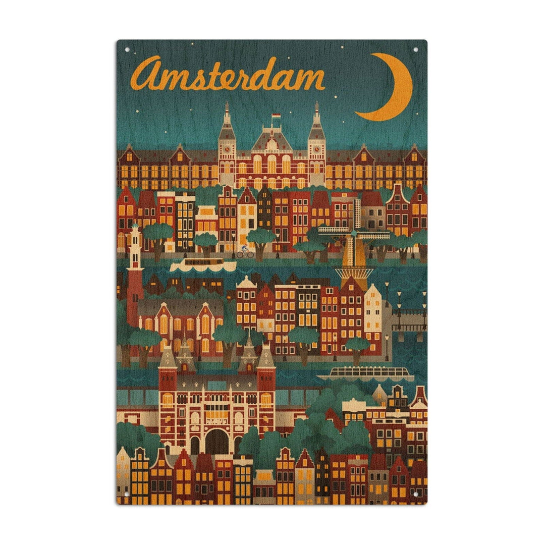 Amsterdam, Retro Skyline, Lantern Press Artwork, Wood Signs and Postcards Wood Lantern Press 