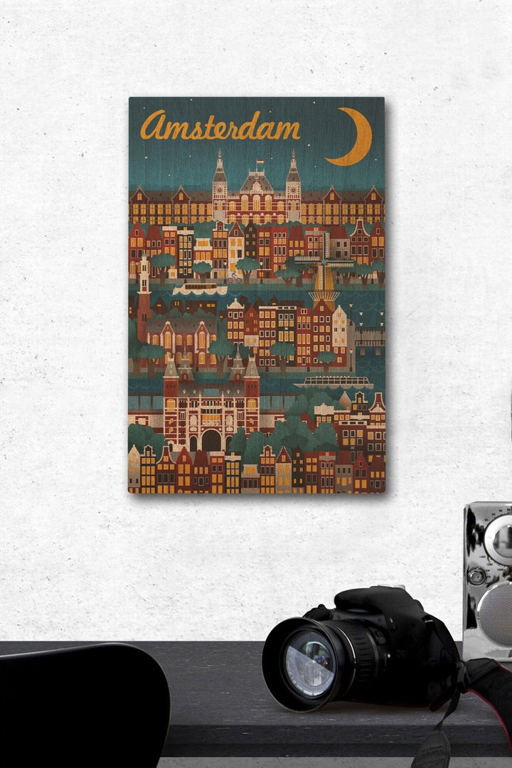 Amsterdam, Retro Skyline, Lantern Press Artwork, Wood Signs and Postcards Wood Lantern Press 