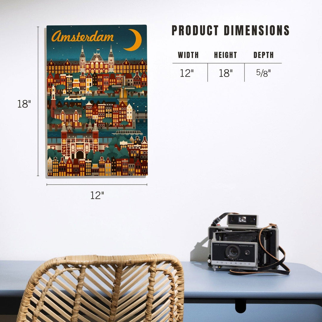 Amsterdam, Retro Skyline, Lantern Press Artwork, Wood Signs and Postcards Wood Lantern Press 